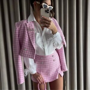 NWT Zara Matching Pink Tweed Cropped Blazer & Skort Set - Size Small